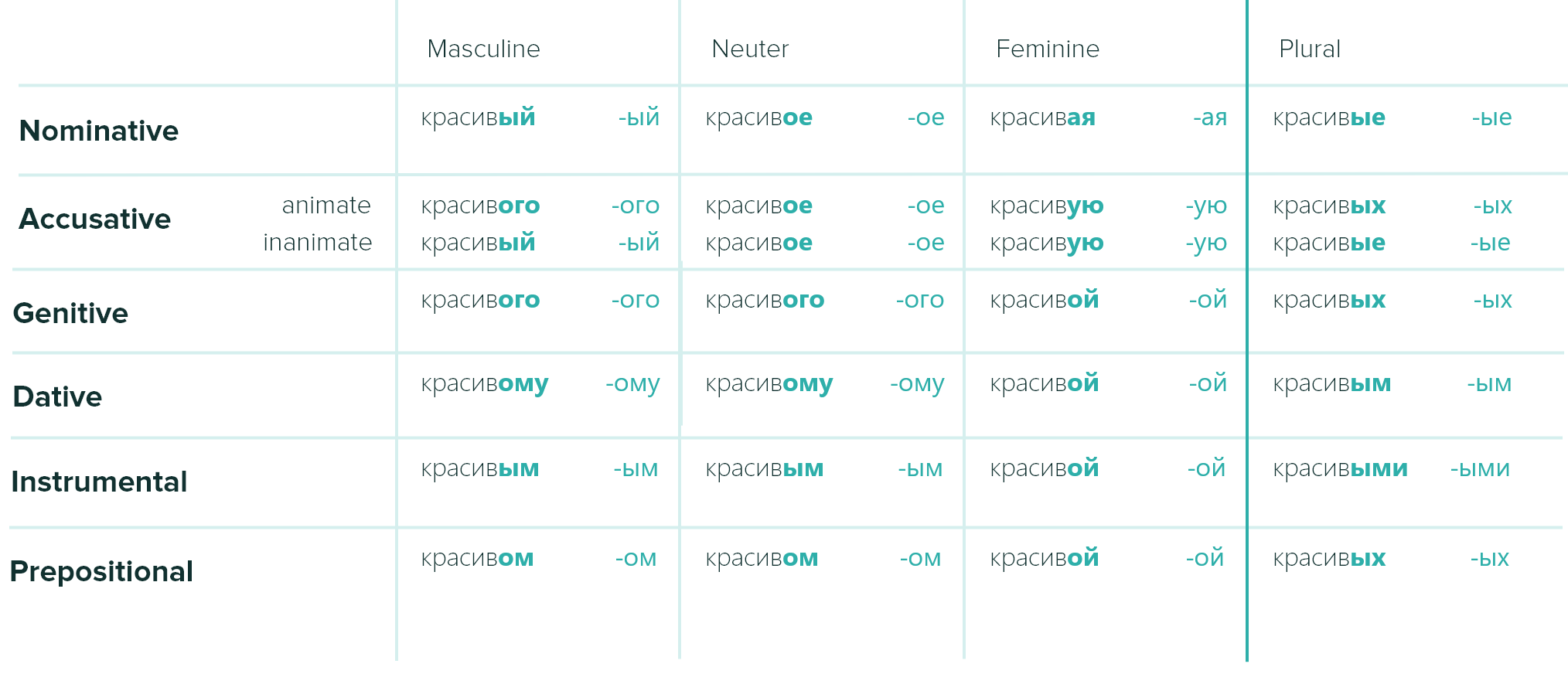 Russian adjective declension table - all 28 forms of красивый (beautiful)